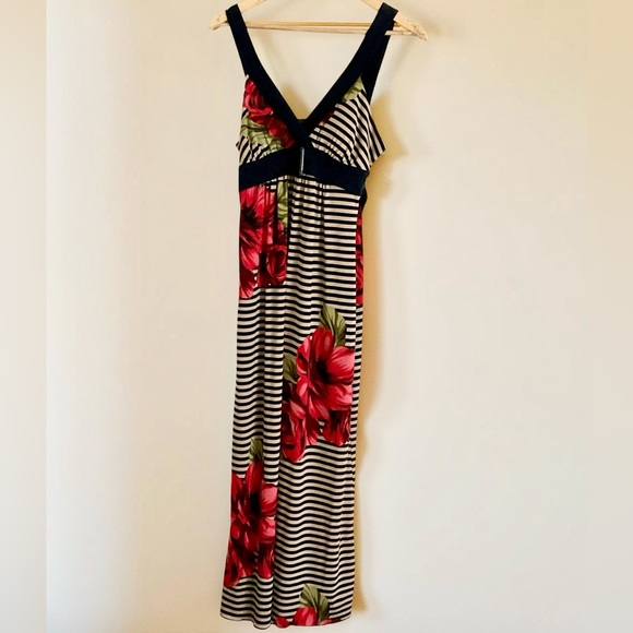 ENFOCUS Chic,navy,stripe,maxi dress with red rose,Y2K style belt,baby doll style - Picture 1 of 4